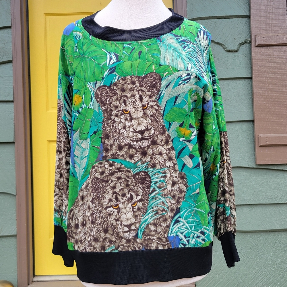 Vintage Salvatore Ferragamo Silk Woven Big Cat Jungle Pullover Blouse S